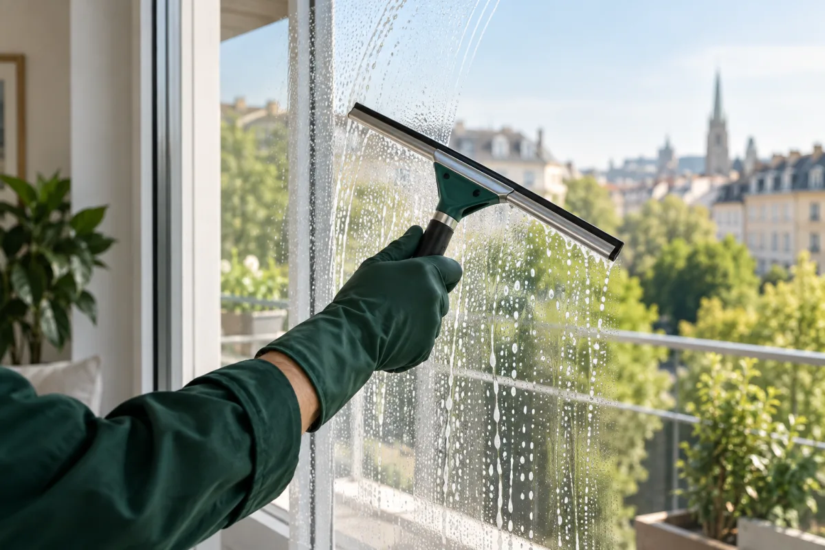 Fensterreinigung mit einem Glasabzieher